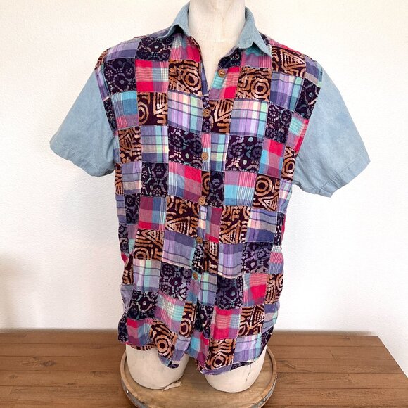 90's Unique Funky Patchwork Shirt  - Unisex - Gender Neutral - Size Large - Picture 1 of 10